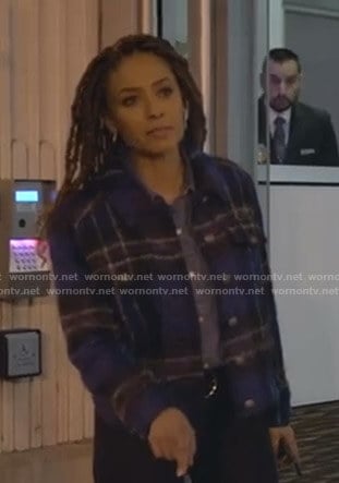 Teri's blue plaid wool jacket on Empire