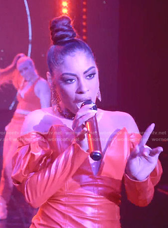 Treasure's red leather off-shoulder mini dress on Empire