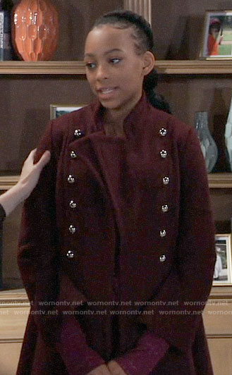 Trina's burgundy coat with silver buttons on General Hospital