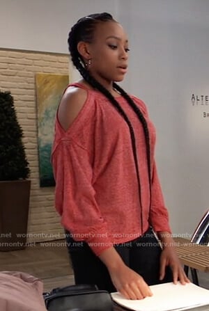 Trina's red cold shoulder sweatshirt on General Hospitalf