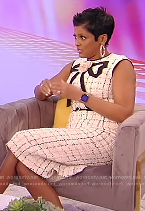 Tamron's white tweed sleeveless dress on Tamron Hall Show