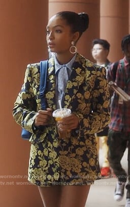 Zoey's floral blazer and blue polka dot blouse on Grown-ish