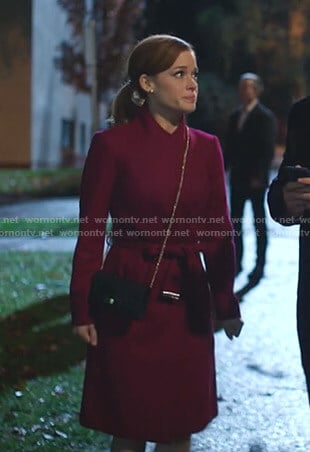 Zoey's magenta wrap coat on Zoeys Extraordinary Playlist