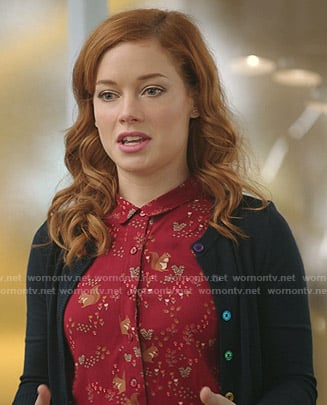 Zoey's red squirrel print top and rainbow button cardigan on Zoeys Extraordinary Playlist