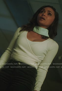 Cecile's white wrap sweater on The Flash