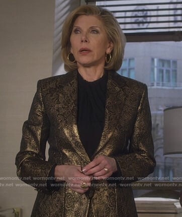 Diane's gold floral jaquard blazer on The Good Fight