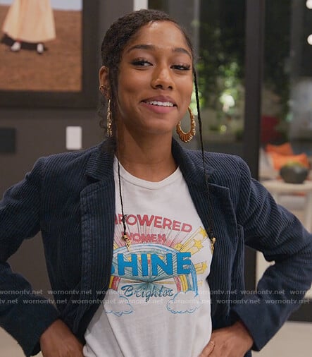 Drea's white Shine print tee on BlackAF