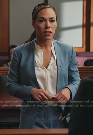 Emily's blue blazer and white top on All Rise
