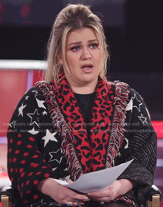Kelly Clarkson's mixed print fringe cardigan on The Voice