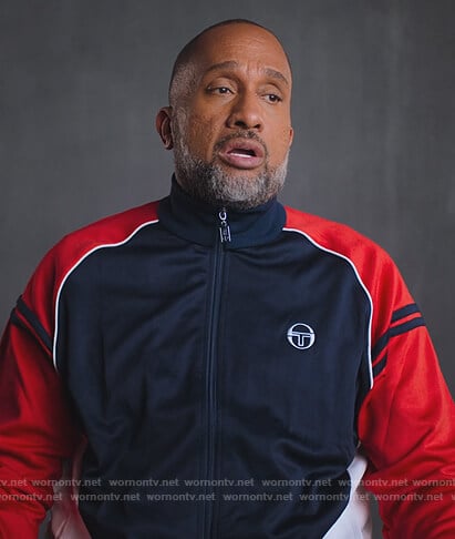 Kenya's navy and red track jacket on BlackAF