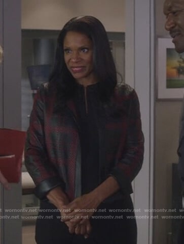 Liz's black leather checked jacket on The Good Fight