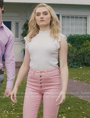 Taylor's pink button detail jeans on American Housewife