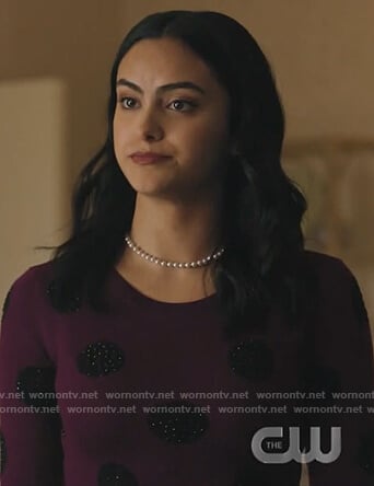 Veronica's purple embellished polka dot sweater on Riverdale