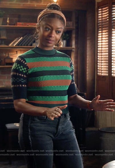 Ali's green geometric print sweater on God Friended Me