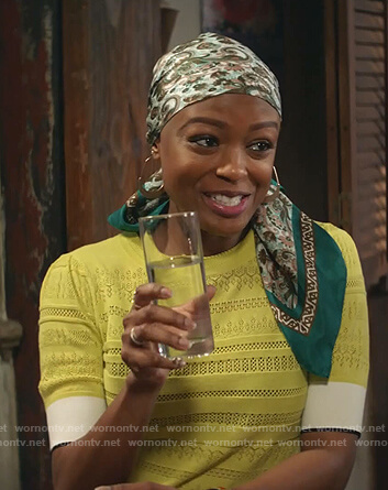 Ali's yellow crochet knit top and rainbow stitch jeans on God Friended Me