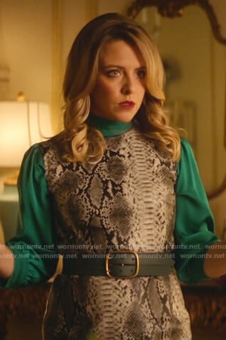 Amanda's snakeskin print mini dress on Katy Keene