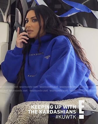 Kim's blue Jesus is King hoodie on Keeping Up with the Kardashians