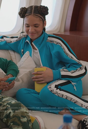 Izzy's blue snakeskin stripe track jacket and pants on BlackAF