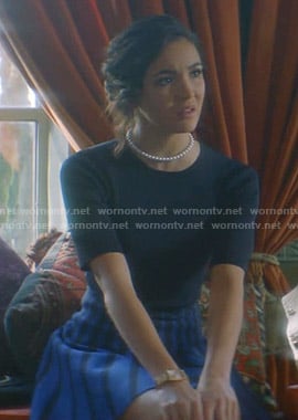 Bess's blue stripe-skirt dress on Nancy Drew
