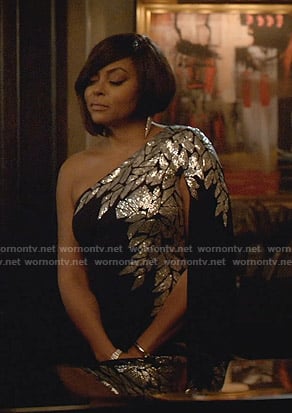 Cookie's black embellished one-shoulder dress on Empire