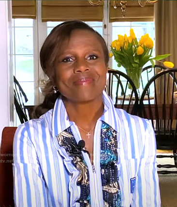 Deborah Roberts's blue striped ruffle blouse on Good Morning America