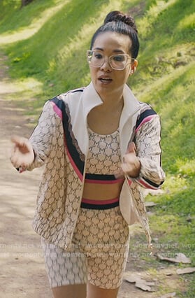 Doris's printed track jacket and top on American Housewife