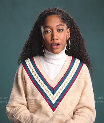 Drea's beige chain v-neck sweater on BlackAF