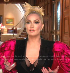 Erika's black and pink satin puff sleeve blazer on The Real Housewives of Beverly Hills