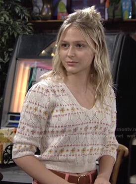 Faith's pointelle short sleeve sweater on The Young and the Restless