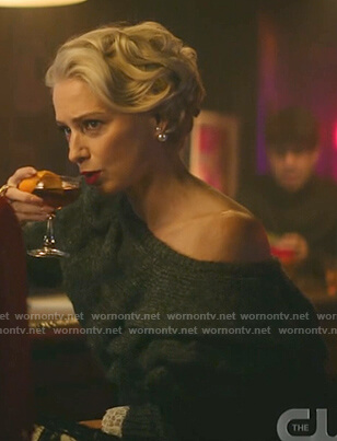 Gloria's grey ruffle off-shoulder sweater on Katy Keene