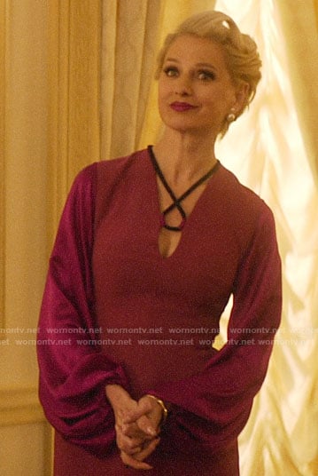 Gloria's magenta balloon sleeve dress on Katy Keene