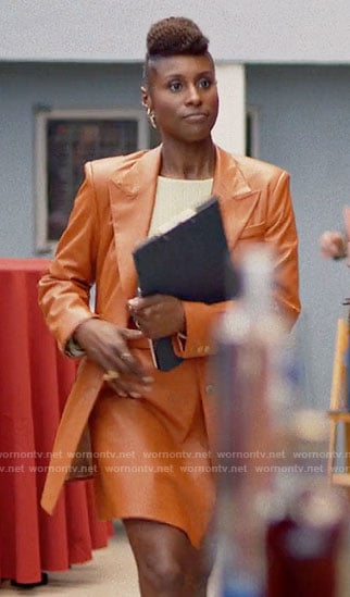 Issa's orange leather blazer and skirt on Insecure