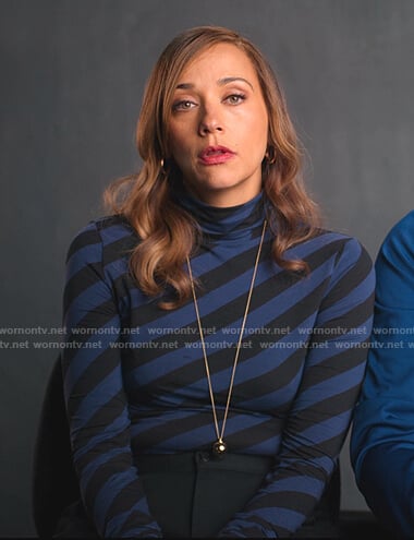 Joya's black and blue diagonal stripe top on BlackAF