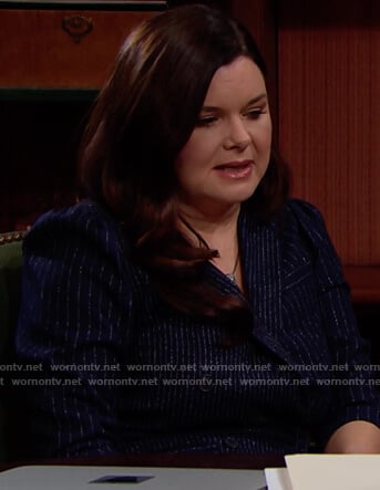 Katie's navy pinstripe belted dress on The Bold and the Beautiful