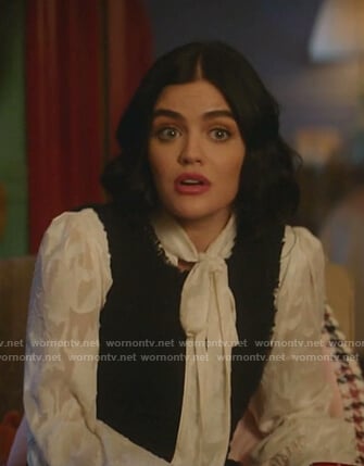 Katy's white tie neck blouse on Katy Keene