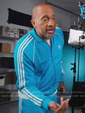 Kenya's turquoise Adidas track jacket and pants on BlackAF