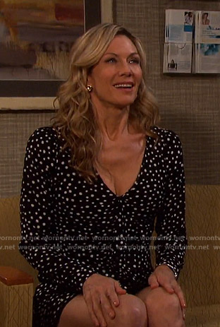 Kristen's black polka dot ruffle front mini dress on Days of our Lives