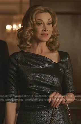Laura's metallic asymmetric neck dress on Dynasty