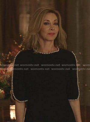 Laura's black pearl-trim dress on Dynasty