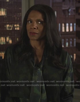 Liz's green printed tie neck blouse on The Good Fight
