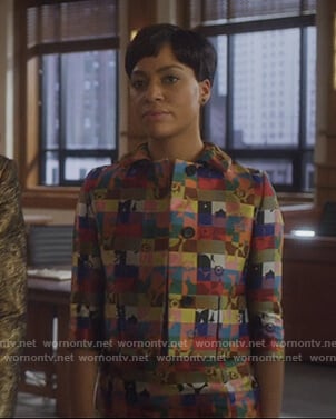 Lucca's multicolored checked dress and jacket on The Good Fight