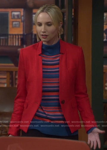 Mandy's blue striped sweater and red blazer on Last Man Standing