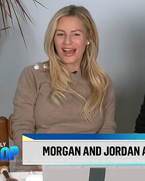 Morgan's beige embellished button sweater on E! News Daily Pop