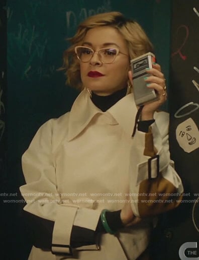 Pepper's white colorblock trench coat on Katy Keene