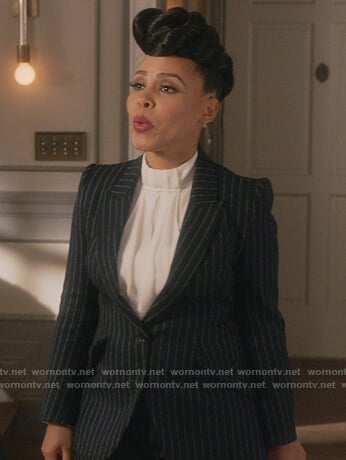 Tegan's pinstripe blazer on How to Get Away with Murder