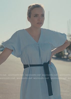 Villanelle's blue belted poplin dress on Killing Eve