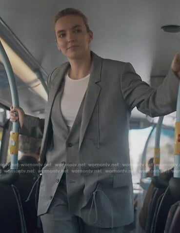 Villanelle's gray drawstring blazer and vest on Killing Eve