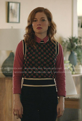 Zoey's black patterned vest on Zoeys Extraordinary Playlist