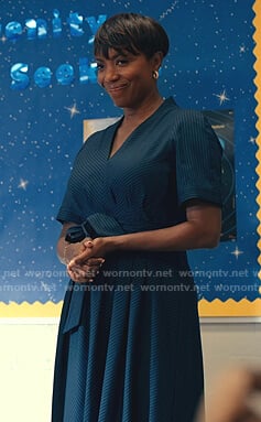 Helen's navy pinstripe v-neck dress on Sweet Magnolias