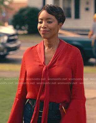 Helen's red tie neck bell sleeve blouse on Sweet Magnolias
